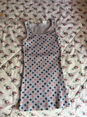 No Boundaries Cream Ribbed Tank Top with Blue and Pink Polka Dots